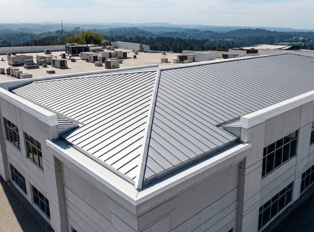 Commercial metal roofing installation by Mack Kirk
