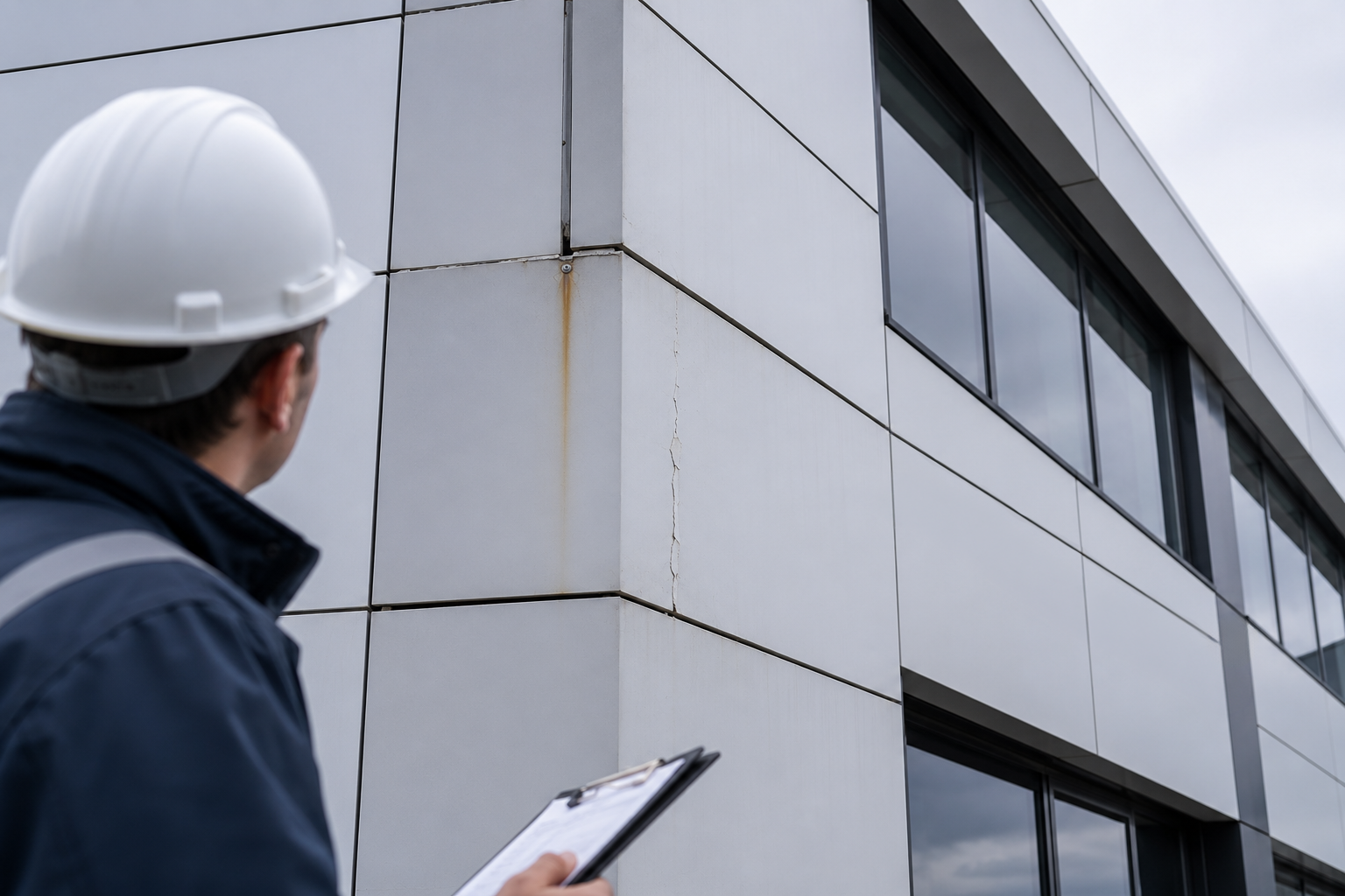 Commercial building cladding showing early signs of panel damage and water intrusion