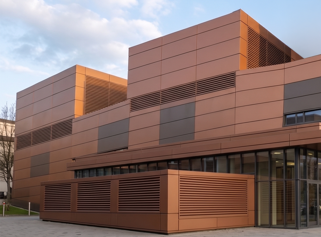 Fire-rated ACM panels installed on a commercial building exterior