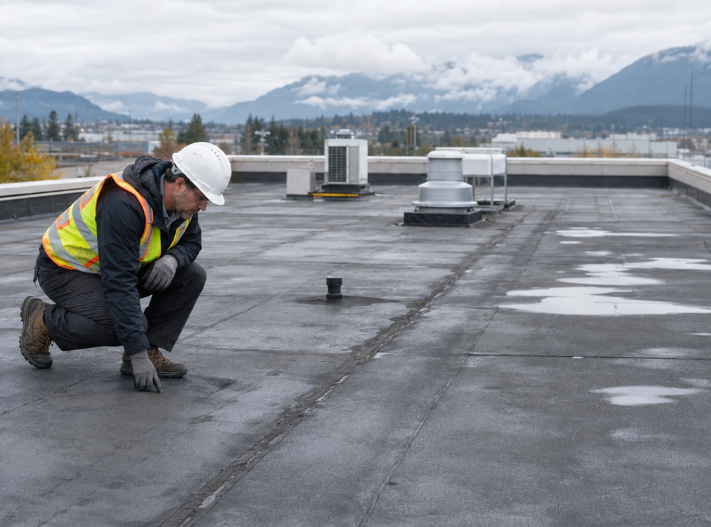 Aging commercial roof requiring planned replacement in British Columbia