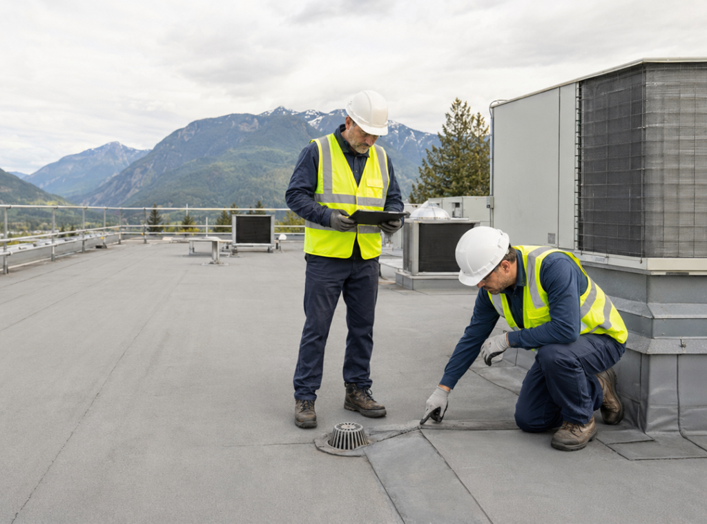 Facility manager and roofing professional inspecting a commercial roof in British Columbia