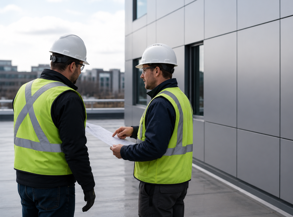 Commercial contractors reviewing metal cladding and building envelope performance on a modern building.