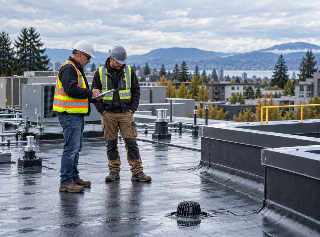 Commercial roofing contractors inspecting a flat roof in British Columbia